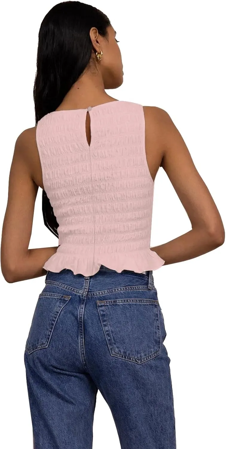 Women Shirred Tank Top Ruffle Sleeveless Tanks Frill Smocked Halter Cami Tops Summer Streetwear