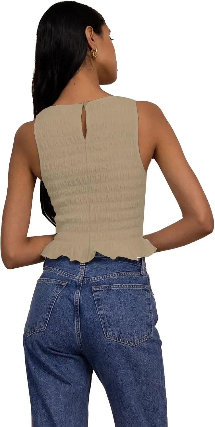 Women Shirred Tank Top Ruffle Sleeveless Tanks Frill Smocked Halter Cami Tops Summer Streetwear