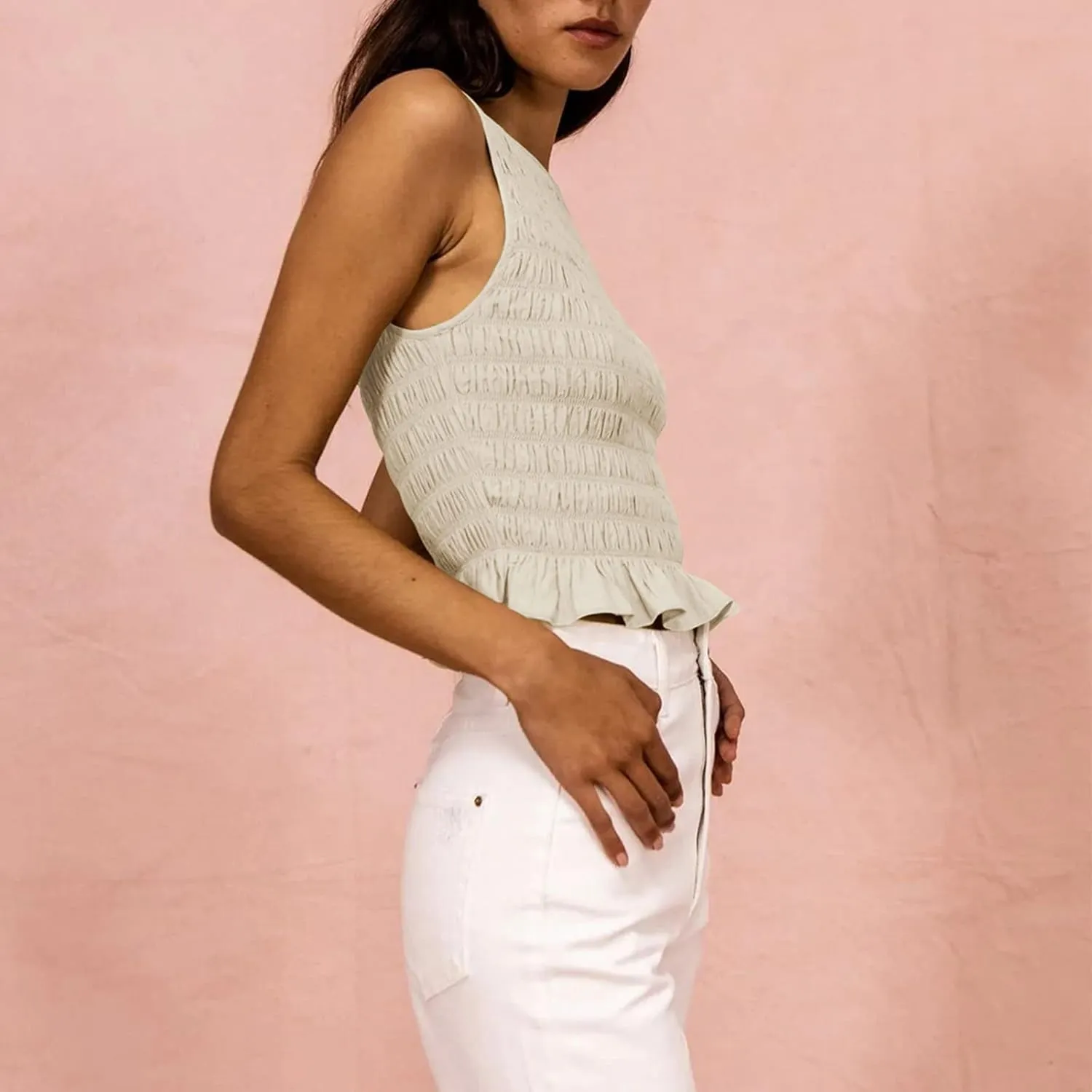 Women Shirred Tank Top Ruffle Sleeveless Tanks Frill Smocked Halter Cami Tops Summer Streetwear