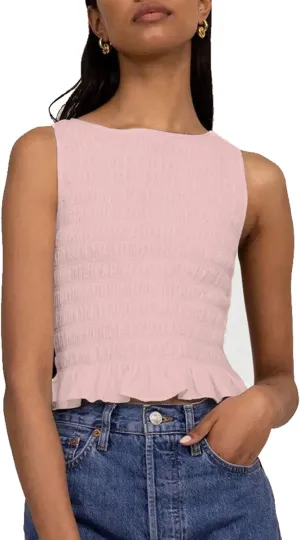 Women Shirred Tank Top Ruffle Sleeveless Tanks Frill Smocked Halter Cami Tops Summer Streetwear