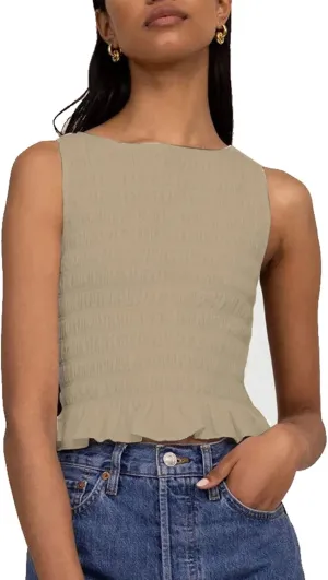 Women Shirred Tank Top Ruffle Sleeveless Tanks Frill Smocked Halter Cami Tops Summer Streetwear