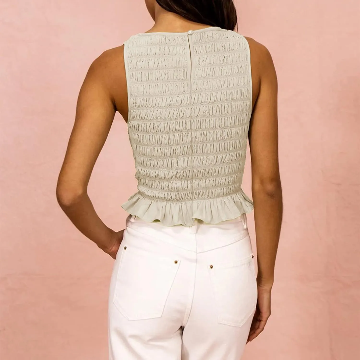 Women Shirred Tank Top Ruffle Sleeveless Tanks Frill Smocked Halter Cami Tops Summer Streetwear