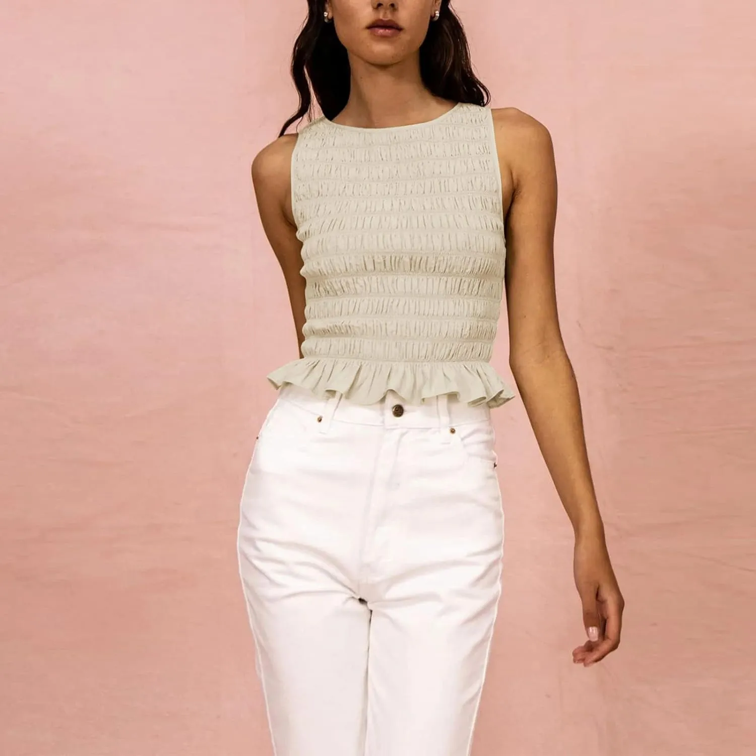 Women Shirred Tank Top Ruffle Sleeveless Tanks Frill Smocked Halter Cami Tops Summer Streetwear