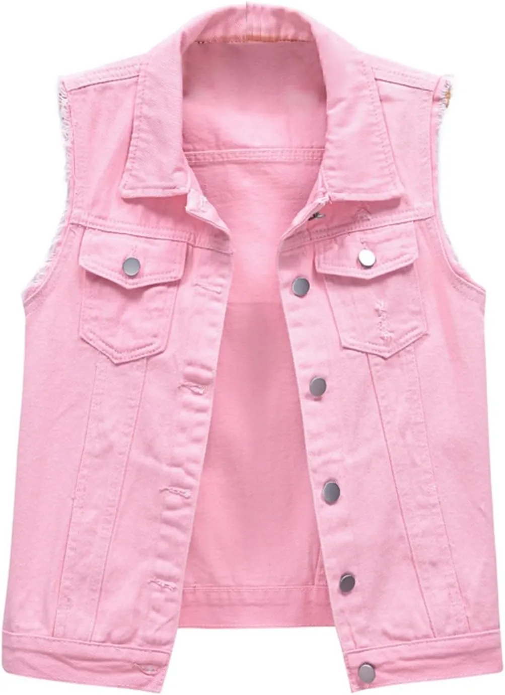 Women Summer Casual Frayed Denim Waistcoat Lapel Sleeveless Button Down Ripped Jacket Vest with Pockets