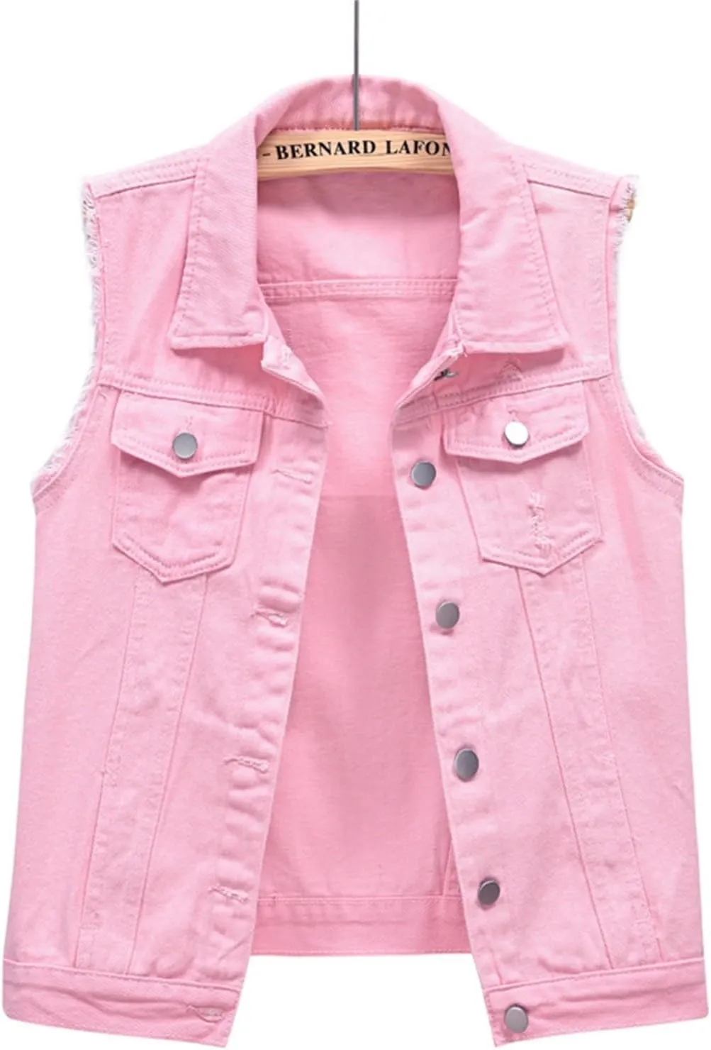 Women Summer Casual Frayed Denim Waistcoat Lapel Sleeveless Button Down Ripped Jacket Vest with Pockets