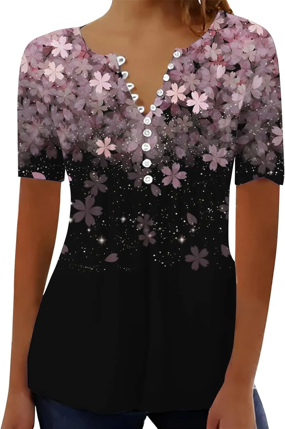 Women Summer Tops 2025 Fashion Short Sleeve V Neck Button Tshirt Boho Floral Printed Causal Dressy Waist Tighten Tee