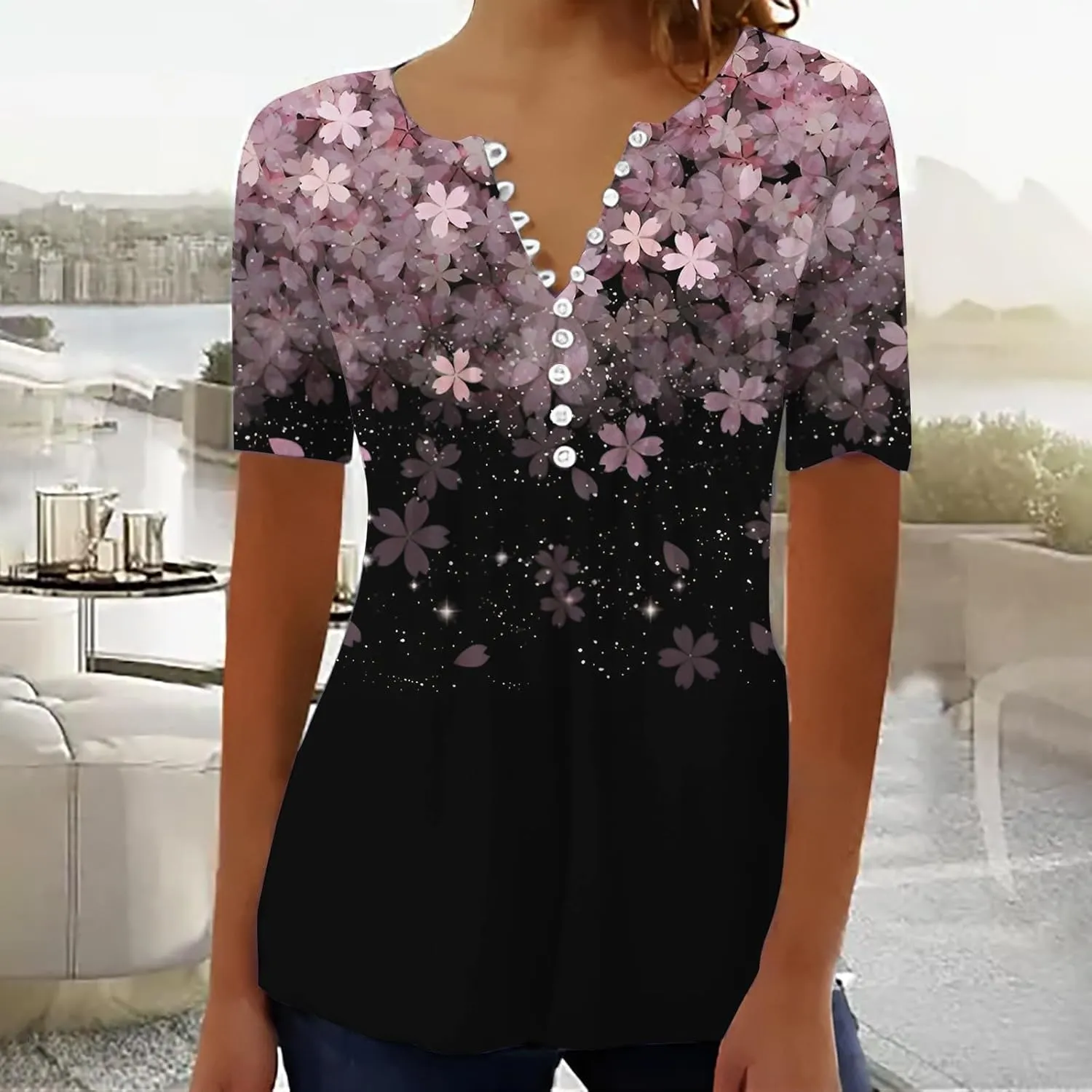 Women Summer Tops 2025 Fashion Short Sleeve V Neck Button Tshirt Boho Floral Printed Causal Dressy Waist Tighten Tee