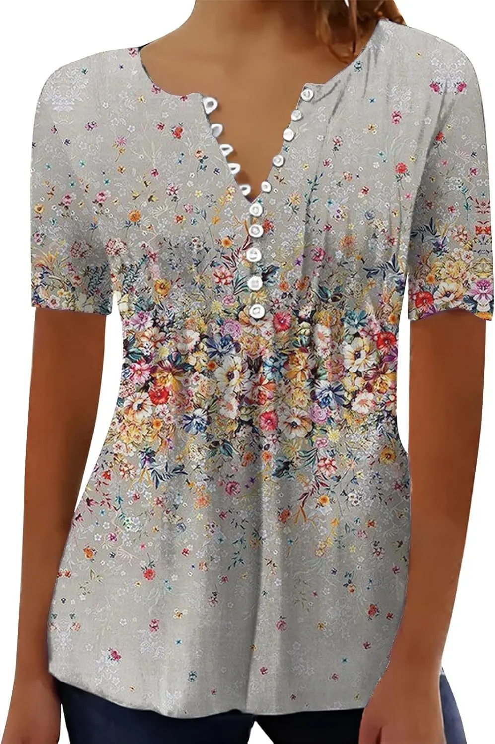 Women Summer Tops 2025 Fashion Short Sleeve V Neck Button Tshirt Boho Floral Printed Causal Dressy Waist Tighten Tee