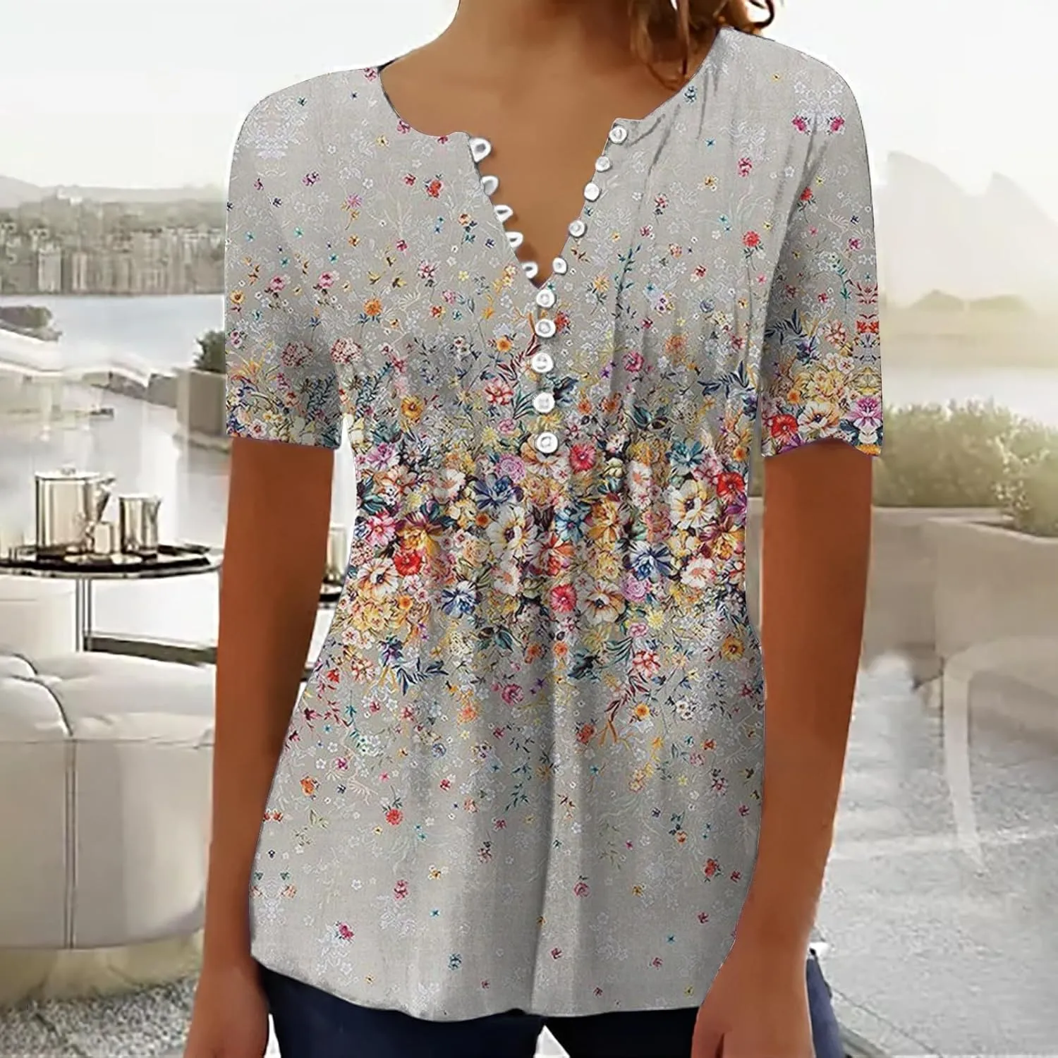 Women Summer Tops 2025 Fashion Short Sleeve V Neck Button Tshirt Boho Floral Printed Causal Dressy Waist Tighten Tee