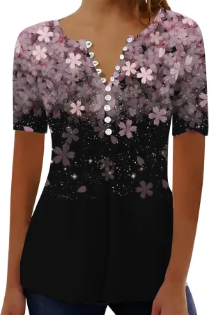 Women Summer Tops 2025 Fashion Short Sleeve V Neck Button Tshirt Boho Floral Printed Causal Dressy Waist Tighten Tee