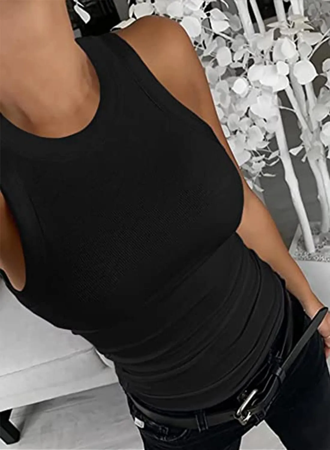 Women Tank Tops Summer Sleeveless Basic Soild Color Top Crewneck Shirts Ribbed Knit Slim Fit Blouses