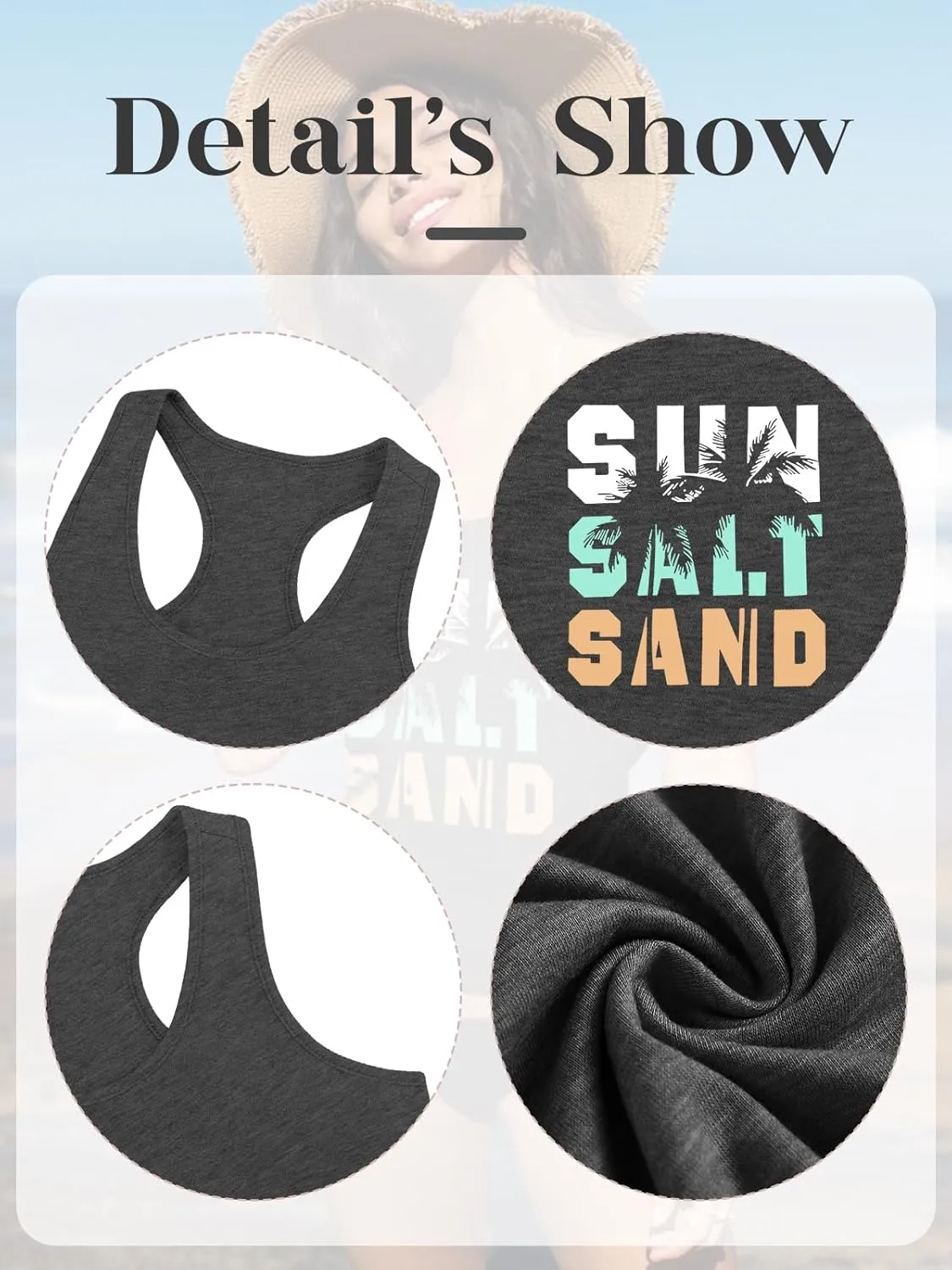 Women Vintage Beach Graphic Racerback Tank Top Summer Vacation Hawaiian Sunset Sun Sand Sleeveless Basic-Fit Shirt Cami