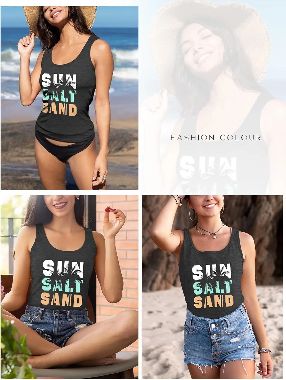 Women Vintage Beach Graphic Racerback Tank Top Summer Vacation Hawaiian Sunset Sun Sand Sleeveless Basic-Fit Shirt Cami