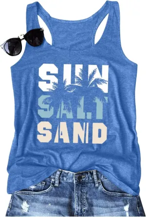 Women Vintage Beach Graphic Racerback Tank Top Summer Vacation Hawaiian Sunset Sun Sand Sleeveless Basic-Fit Shirt Cami