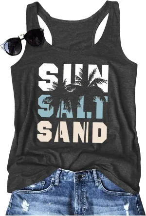 Women Vintage Beach Graphic Racerback Tank Top Summer Vacation Hawaiian Sunset Sun Sand Sleeveless Basic-Fit Shirt Cami