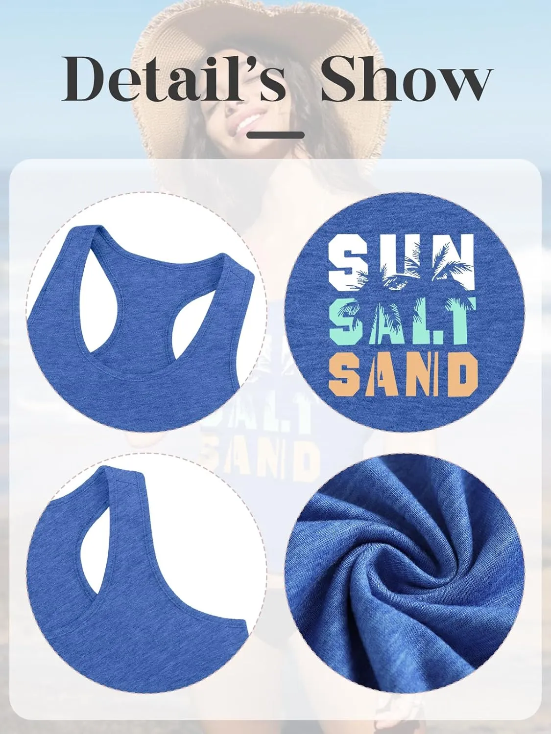 Women Vintage Beach Graphic Racerback Tank Top Summer Vacation Hawaiian Sunset Sun Sand Sleeveless Basic-Fit Shirt Cami