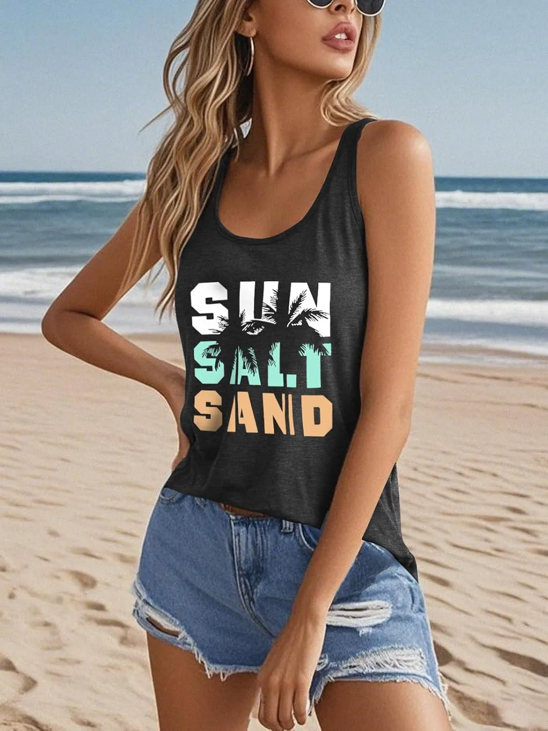 Women Vintage Beach Graphic Racerback Tank Top Summer Vacation Hawaiian Sunset Sun Sand Sleeveless Basic-Fit Shirt Cami