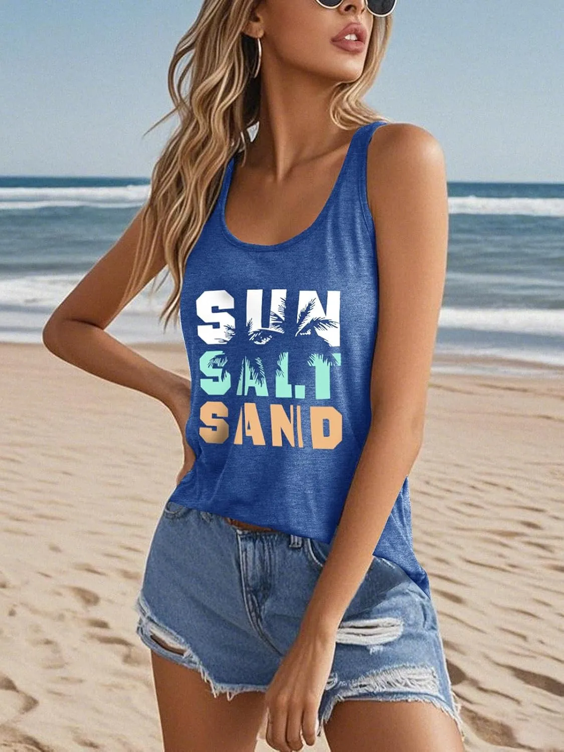 Women Vintage Beach Graphic Racerback Tank Top Summer Vacation Hawaiian Sunset Sun Sand Sleeveless Basic-Fit Shirt Cami