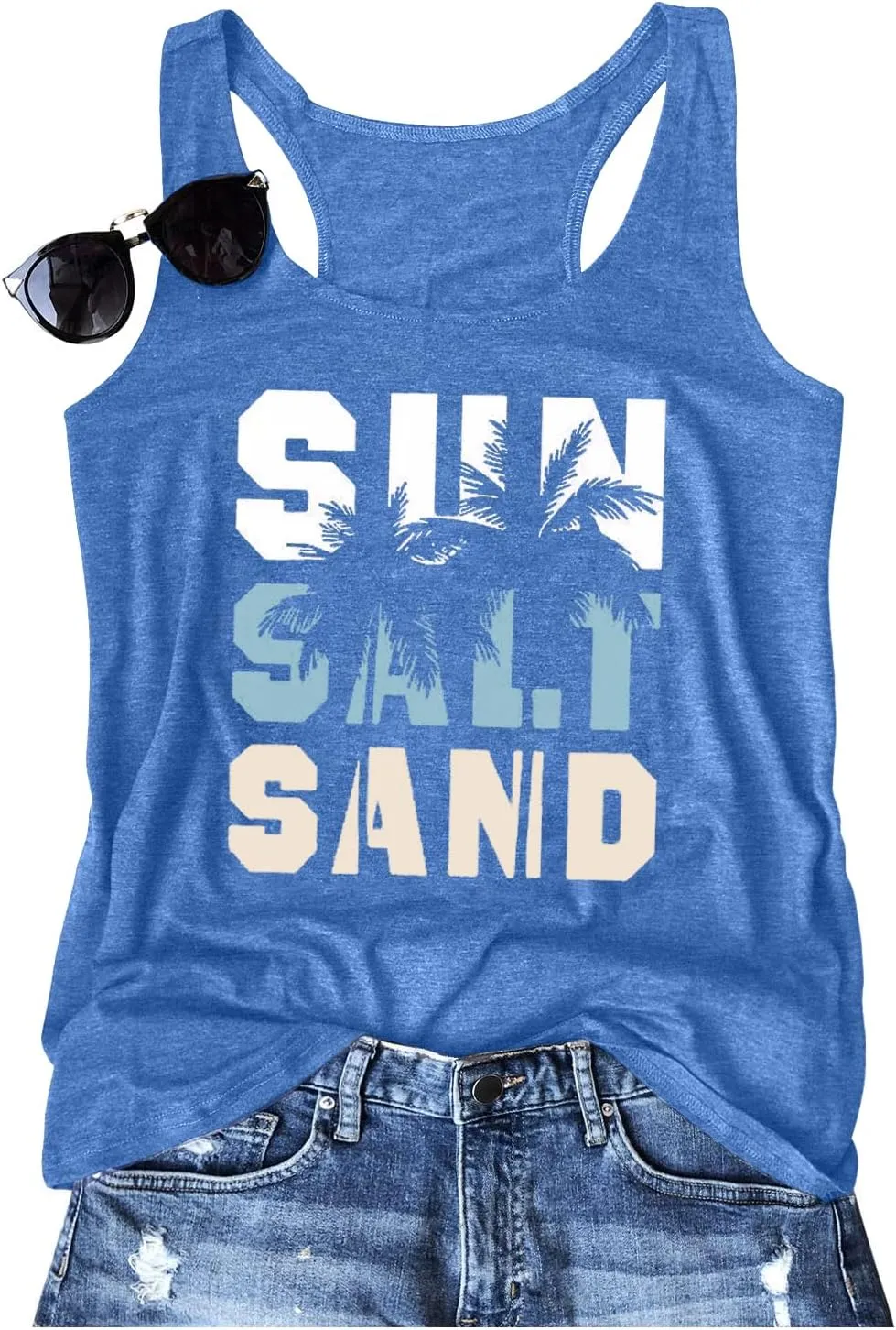 Women Vintage Beach Graphic Racerback Tank Top Summer Vacation Hawaiian Sunset Sun Sand Sleeveless Basic-Fit Shirt Cami