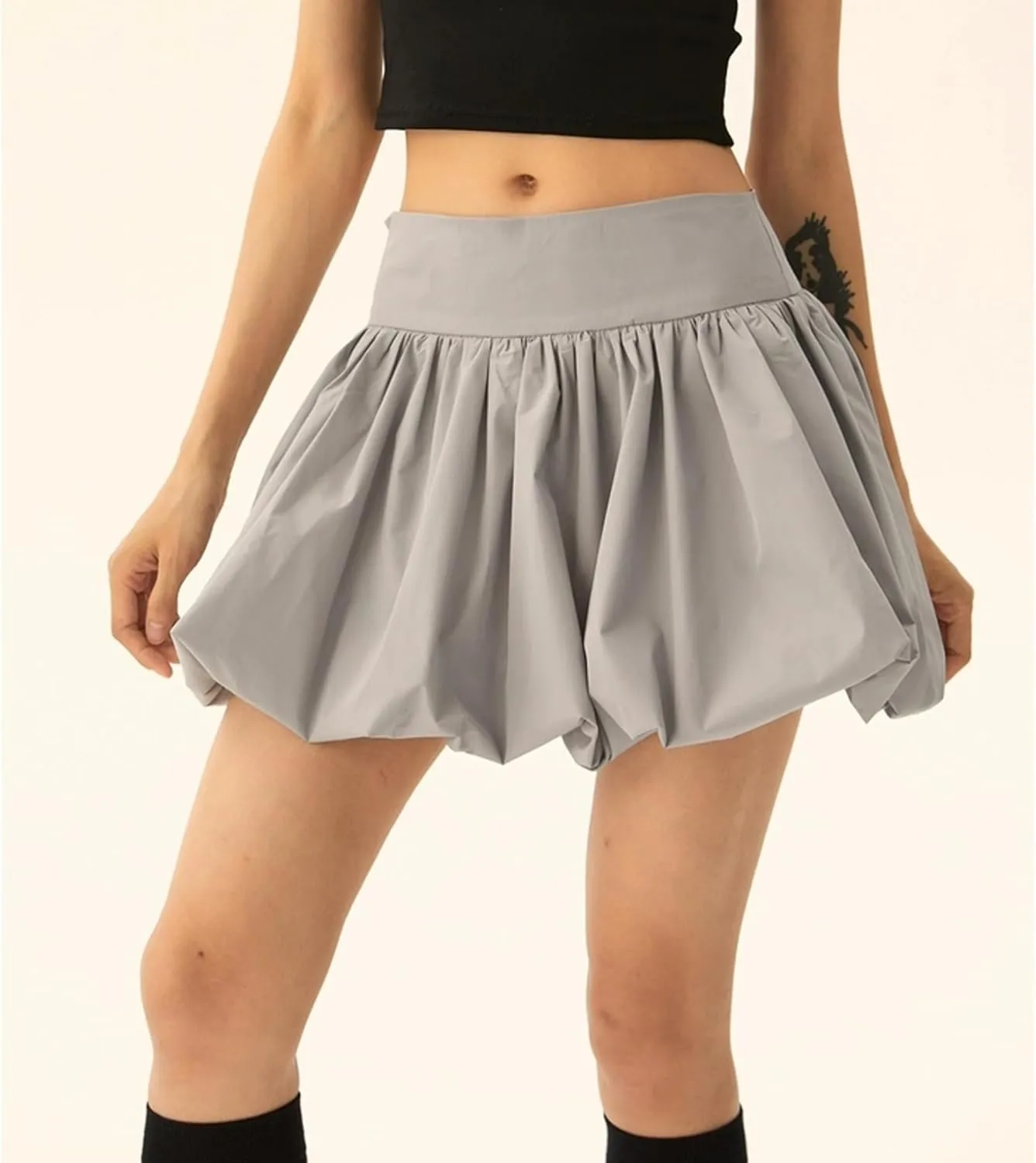 Women Y2k Bubble Mini Skirt Ruffle Hem Pleated Short Skirts High Waist Puffy A-Line Flared Skirt Streetwear