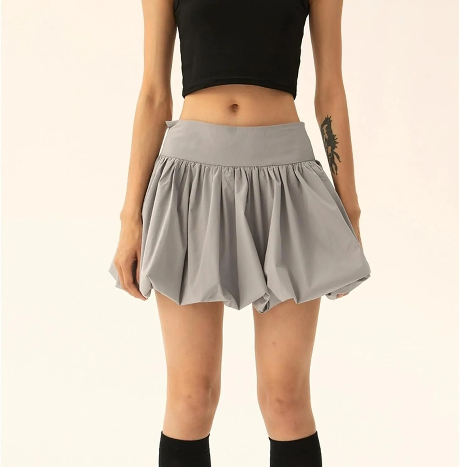 Women Y2k Bubble Mini Skirt Ruffle Hem Pleated Short Skirts High Waist Puffy A-Line Flared Skirt Streetwear