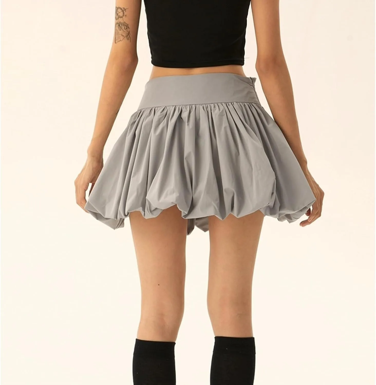 Women Y2k Bubble Mini Skirt Ruffle Hem Pleated Short Skirts High Waist Puffy A-Line Flared Skirt Streetwear