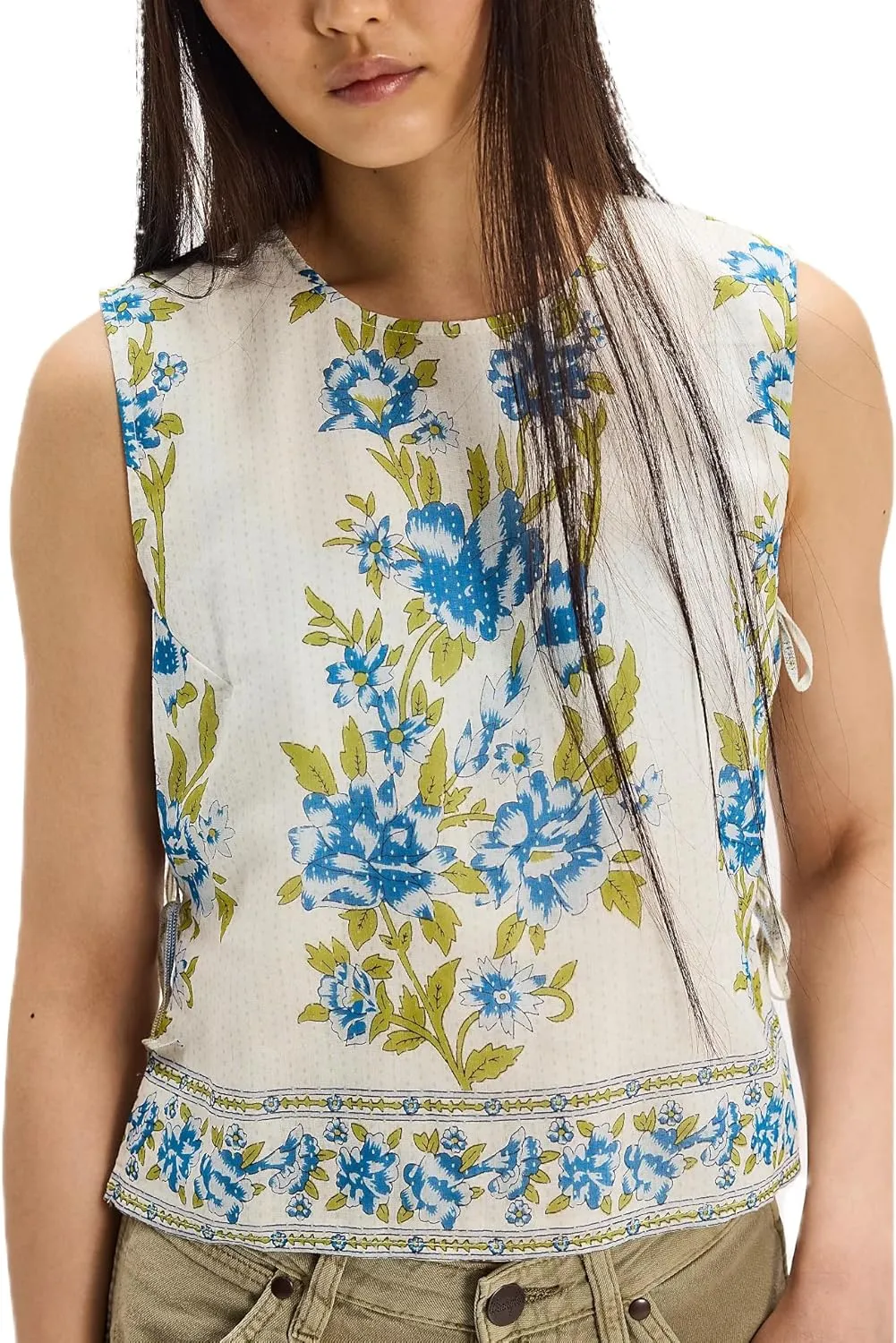 Women Y2K Tie Side Tank Tops Sleeveless Embroidery Floral Printed Cropped Tops People Dupes Summer Going Out Vest