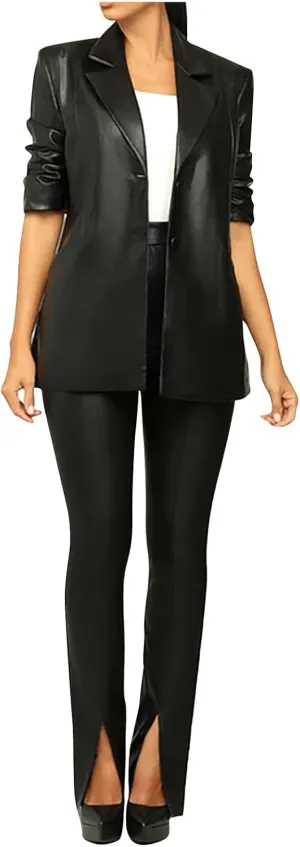 Women's 2 Piece Casual Outfits PU Leather Blazer Jackets High Waisted Split Pants Slim Work Pants Business Suit Set