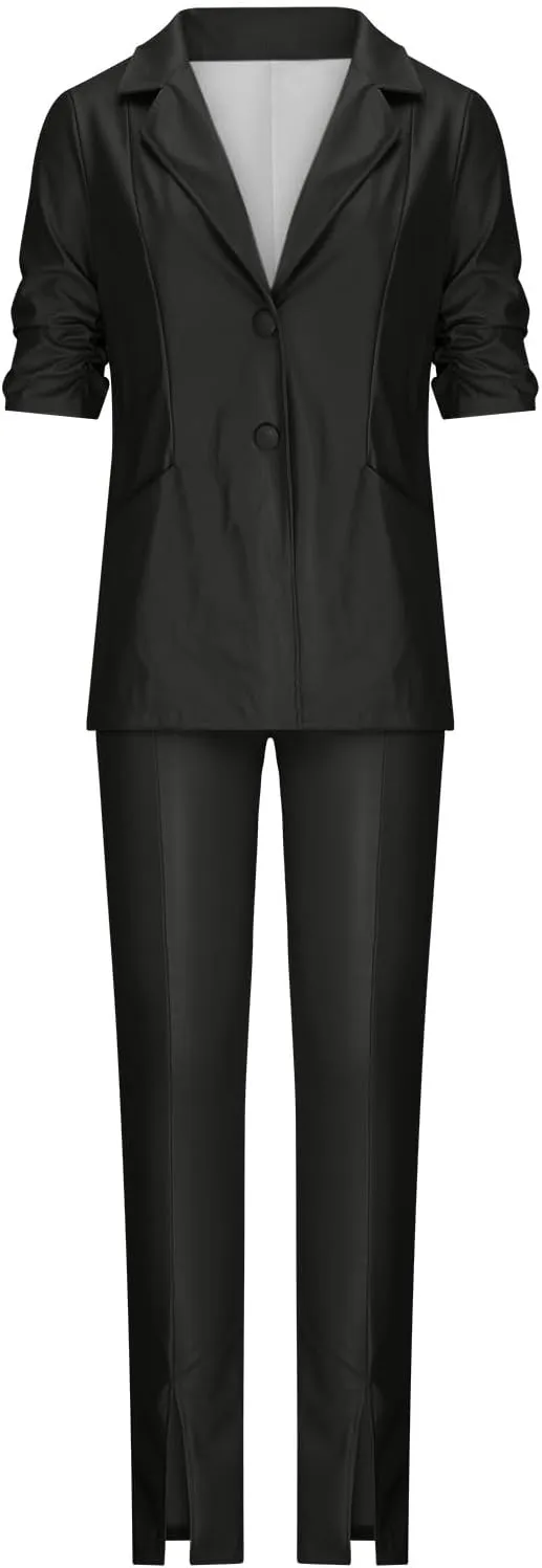 Women's 2 Piece Casual Outfits PU Leather Blazer Jackets High Waisted Split Pants Slim Work Pants Business Suit Set