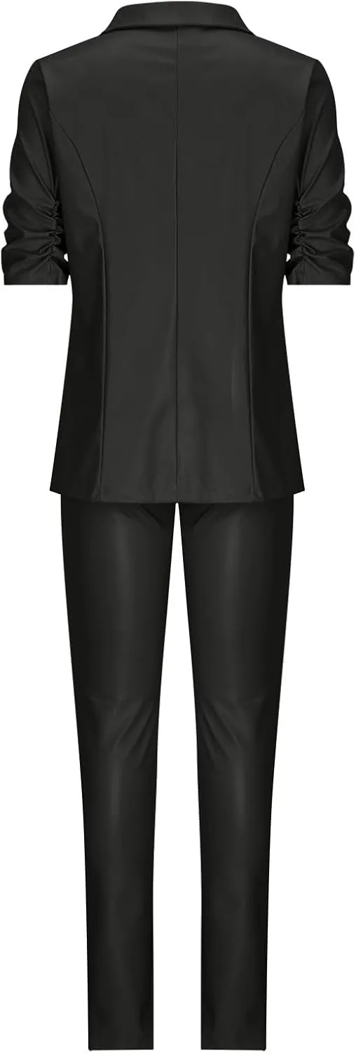 Women's 2 Piece Casual Outfits PU Leather Blazer Jackets High Waisted Split Pants Slim Work Pants Business Suit Set