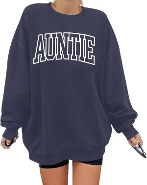 Womens Aunt Sweatshirt Auntie Letter Print Long Sleeve Pullover Top Oversized Cool Aunt Embroidered Crewneck Shirts