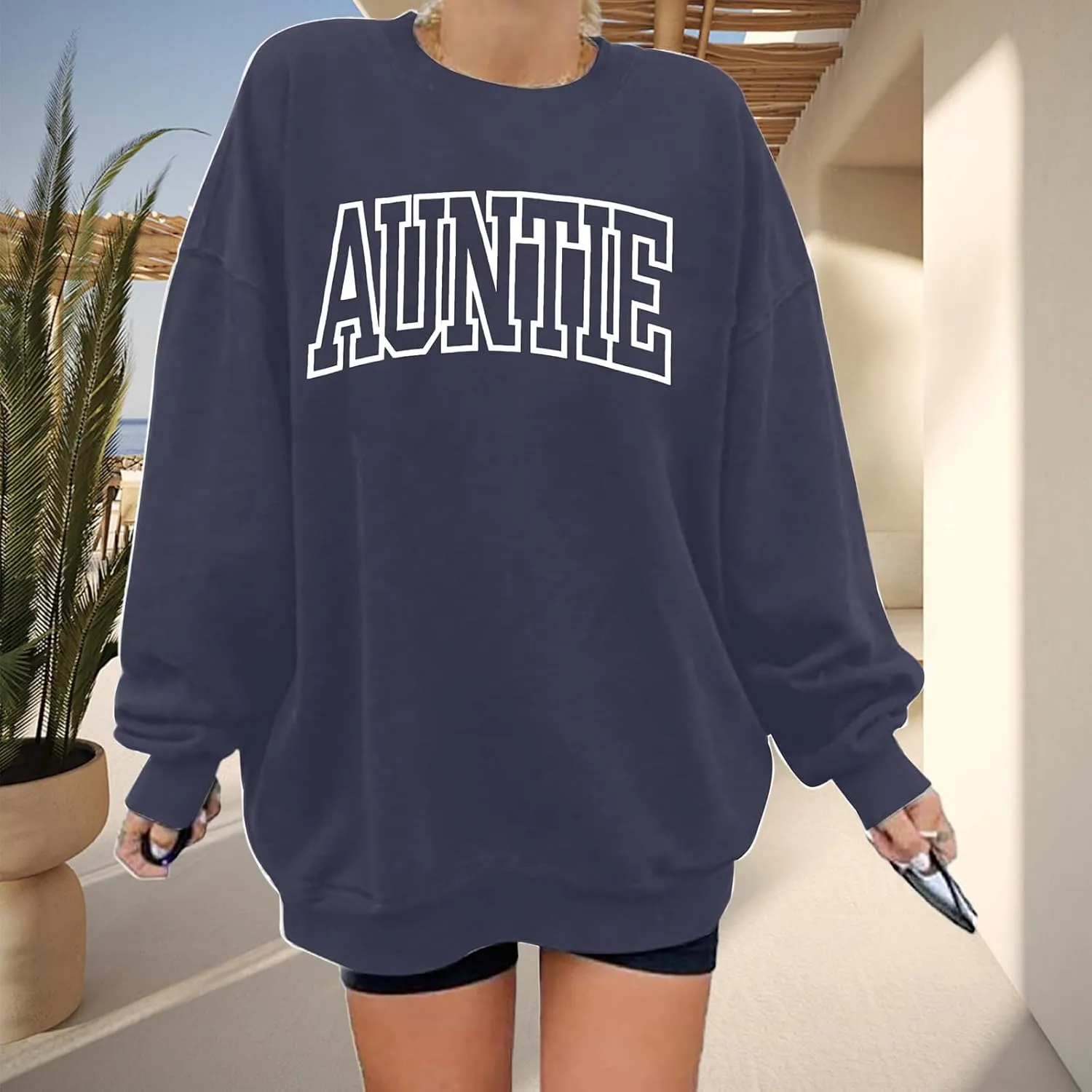 Womens Aunt Sweatshirt Auntie Letter Print Long Sleeve Pullover Top Oversized Cool Aunt Embroidered Crewneck Shirts