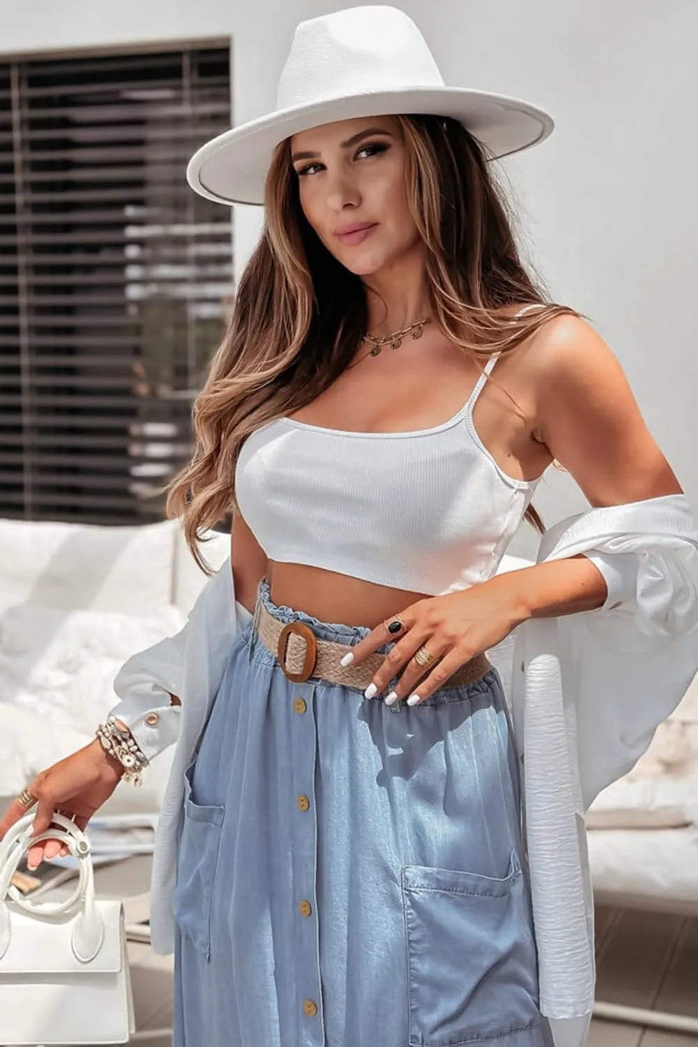 Women's Beau Blue High Waist Denim Maxi Skirt with Button Front and Side Pockets