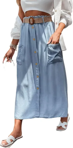 Women's Beau Blue High Waist Denim Maxi Skirt with Button Front and Side Pockets