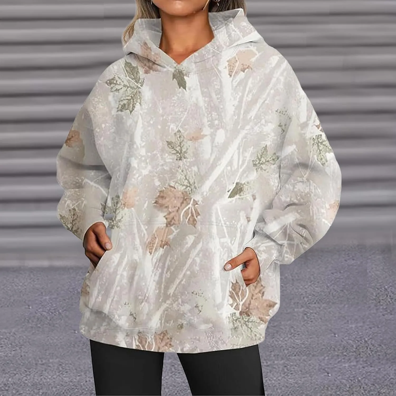 Womens Camo Hoodies Casual Loose Fit Long Sleeve Sweatshirts Maple Leaf Print Oversized Pullover Tops with Pocket
