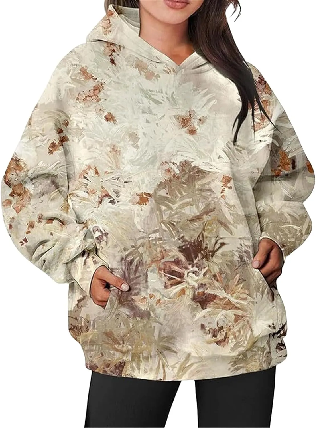 Womens Camo Hoodies Casual Loose Fit Long Sleeve Sweatshirts Maple Leaf Print Oversized Pullover Tops with Pocket