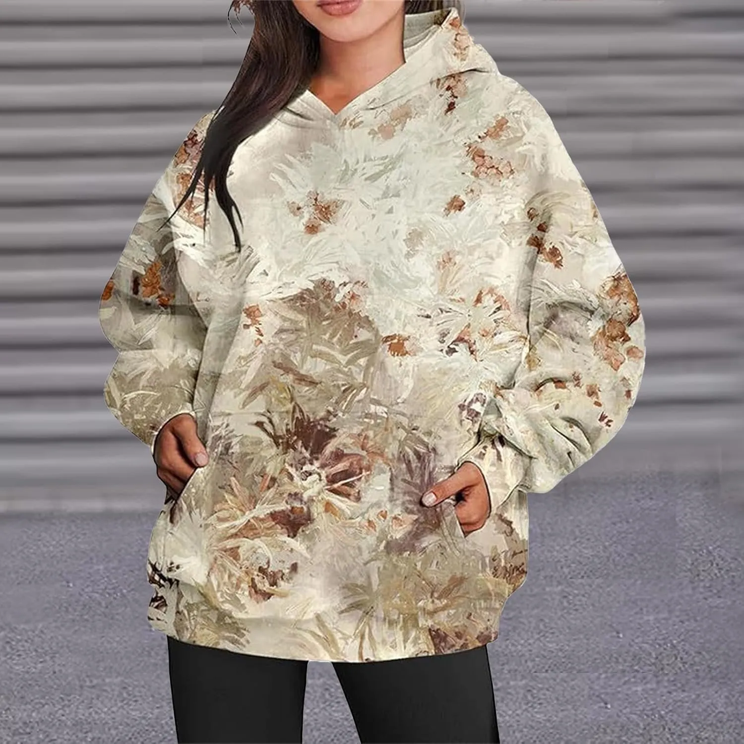 Womens Camo Hoodies Casual Loose Fit Long Sleeve Sweatshirts Maple Leaf Print Oversized Pullover Tops with Pocket