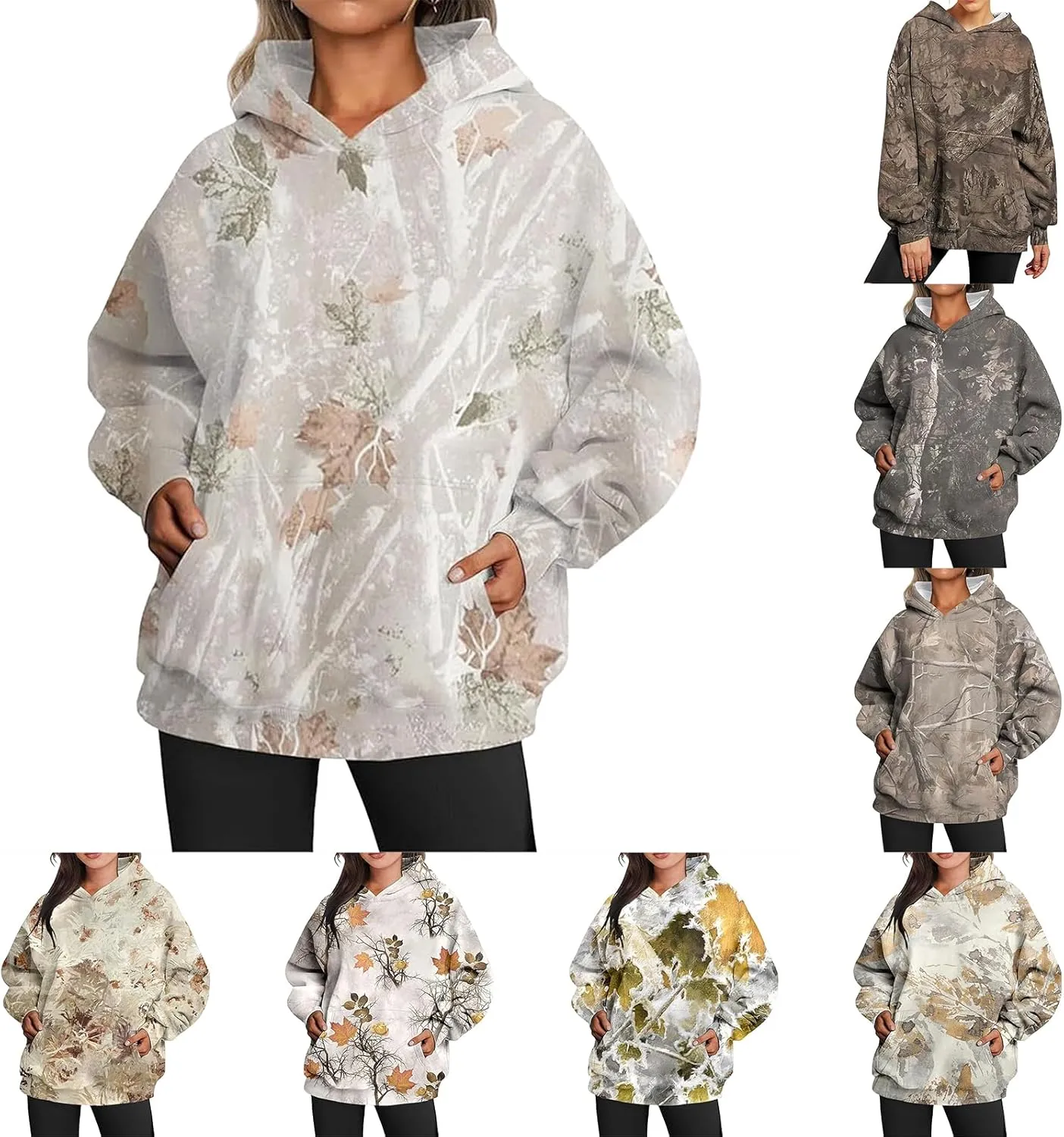 Womens Camo Hoodies Casual Loose Fit Long Sleeve Sweatshirts Maple Leaf Print Oversized Pullover Tops with Pocket