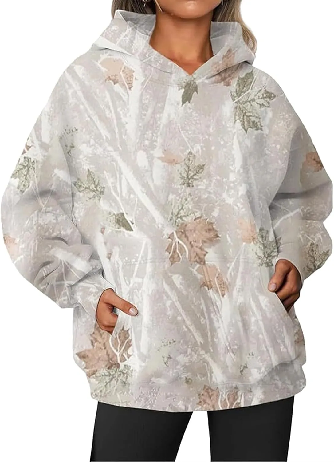 Womens Camo Hoodies Casual Loose Fit Long Sleeve Sweatshirts Maple Leaf Print Oversized Pullover Tops with Pocket