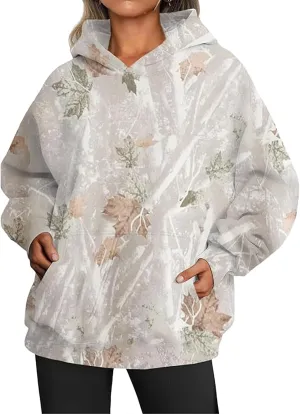 Womens Camo Hoodies Casual Loose Fit Long Sleeve Sweatshirts Maple Leaf Print Oversized Pullover Tops with Pocket