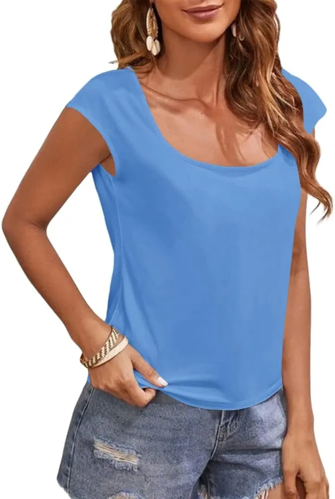 Women's Cap Sleeve Scoop Neck T Shirt Casual Solid Color Basic Tee Shirts Blouses Tank Tops