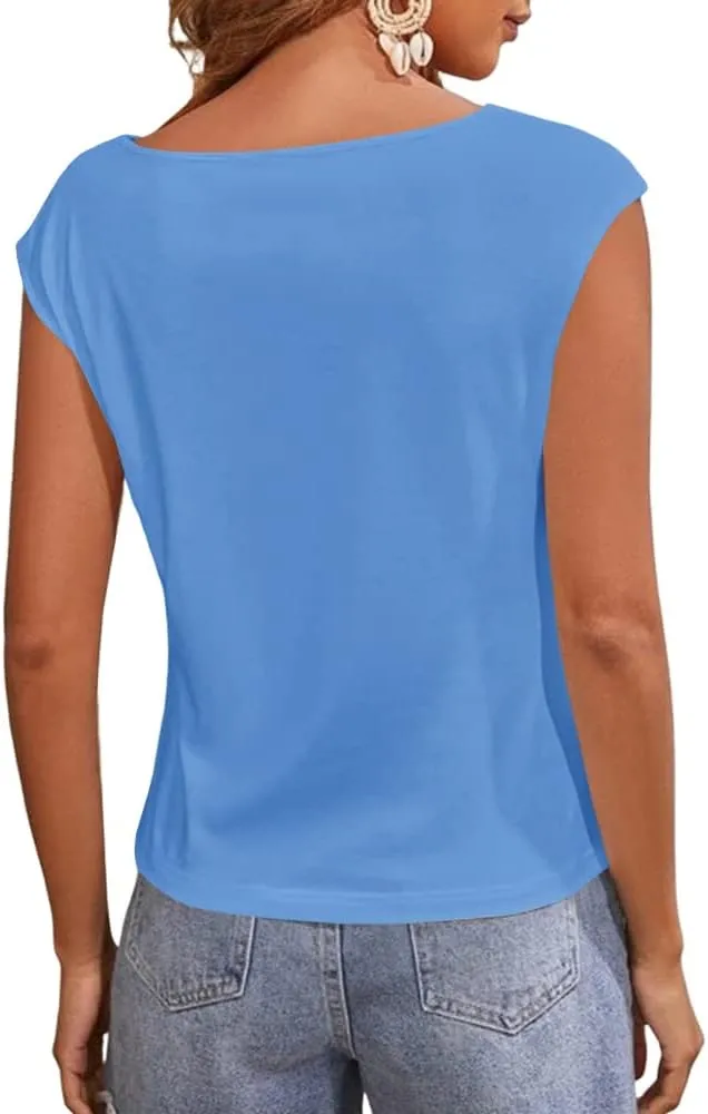 Women's Cap Sleeve Scoop Neck T Shirt Casual Solid Color Basic Tee Shirts Blouses Tank Tops