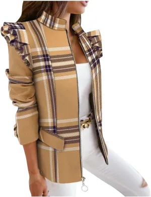 Womens Casual Blazers Fashion Print Ruffle Long Sleeve Open Front Work Office Blazer Bussiness Jackets with Pockets