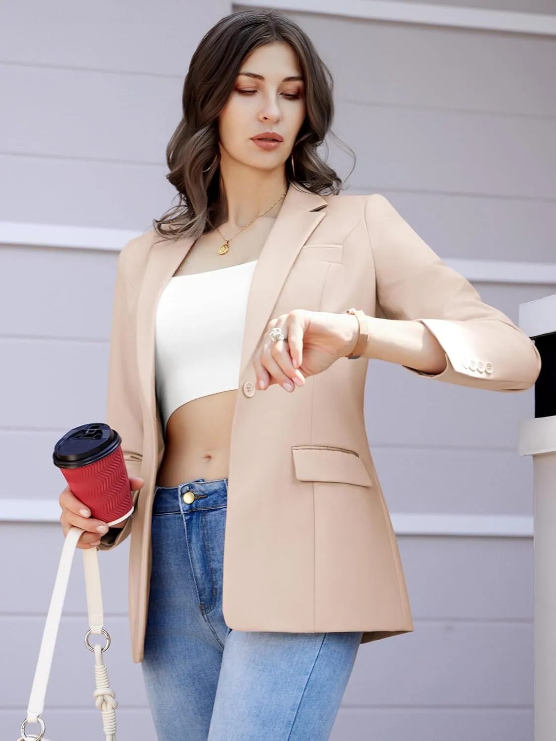Women's Casual Business Blazer Notched Lapel One Button Open Front Long Sleeve Blazers Office Work Suit Jackets