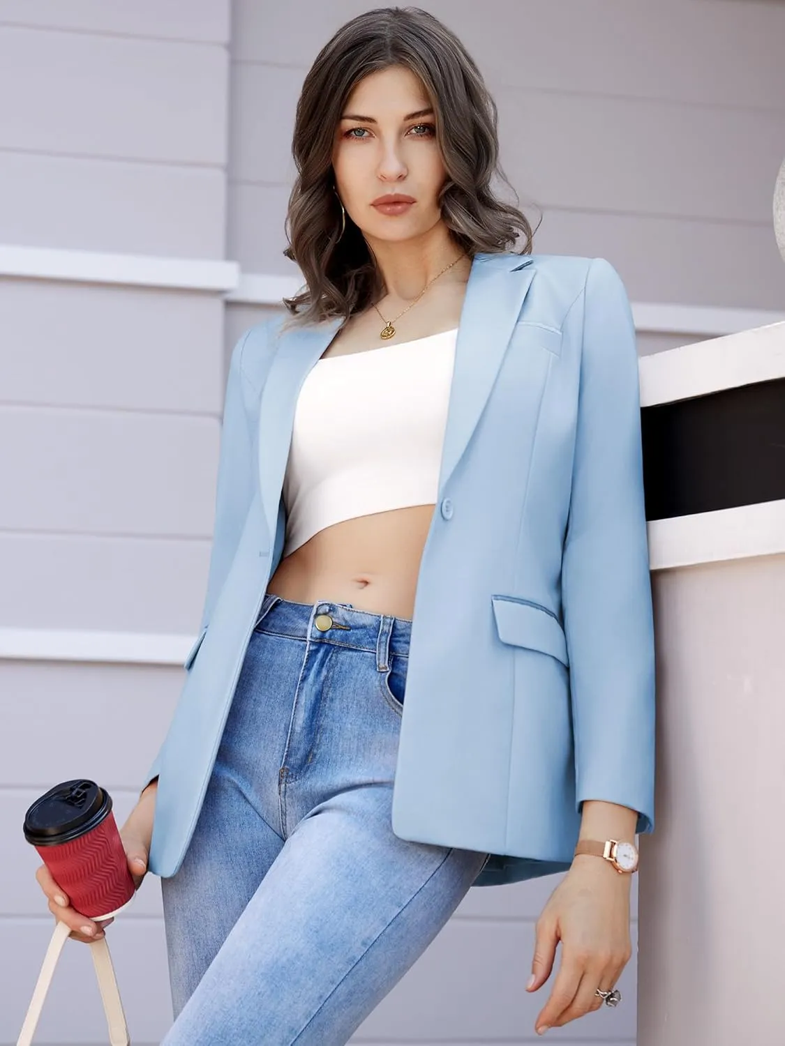 Women's Casual Business Blazer Notched Lapel One Button Open Front Long Sleeve Blazers Office Work Suit Jackets