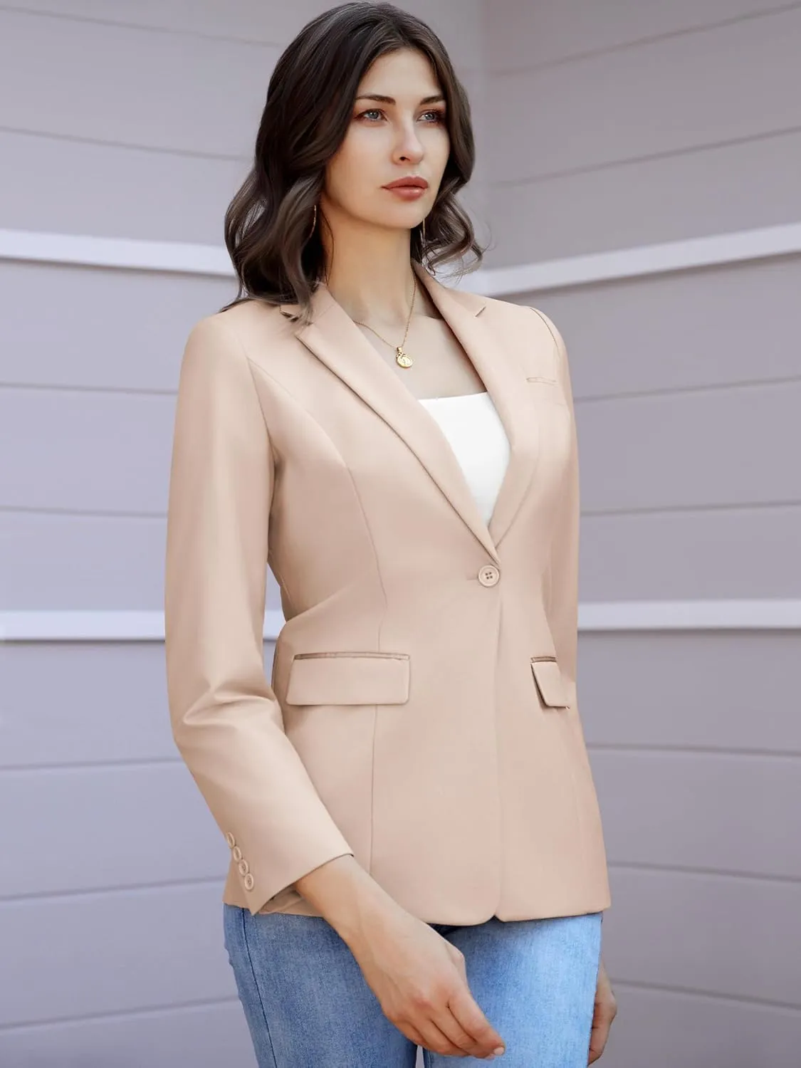 Women's Casual Business Blazer Notched Lapel One Button Open Front Long Sleeve Blazers Office Work Suit Jackets