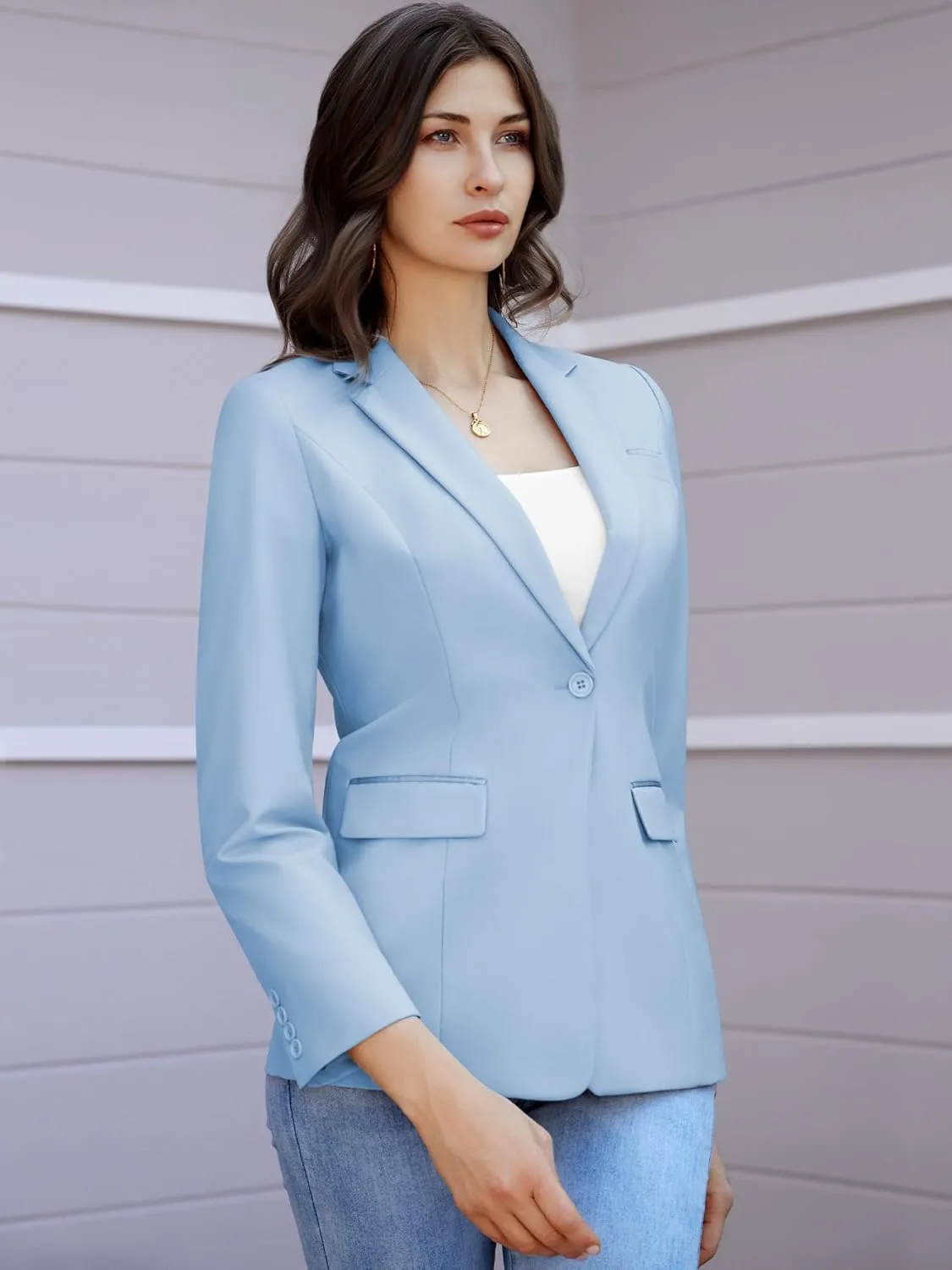 Women's Casual Business Blazer Notched Lapel One Button Open Front Long Sleeve Blazers Office Work Suit Jackets