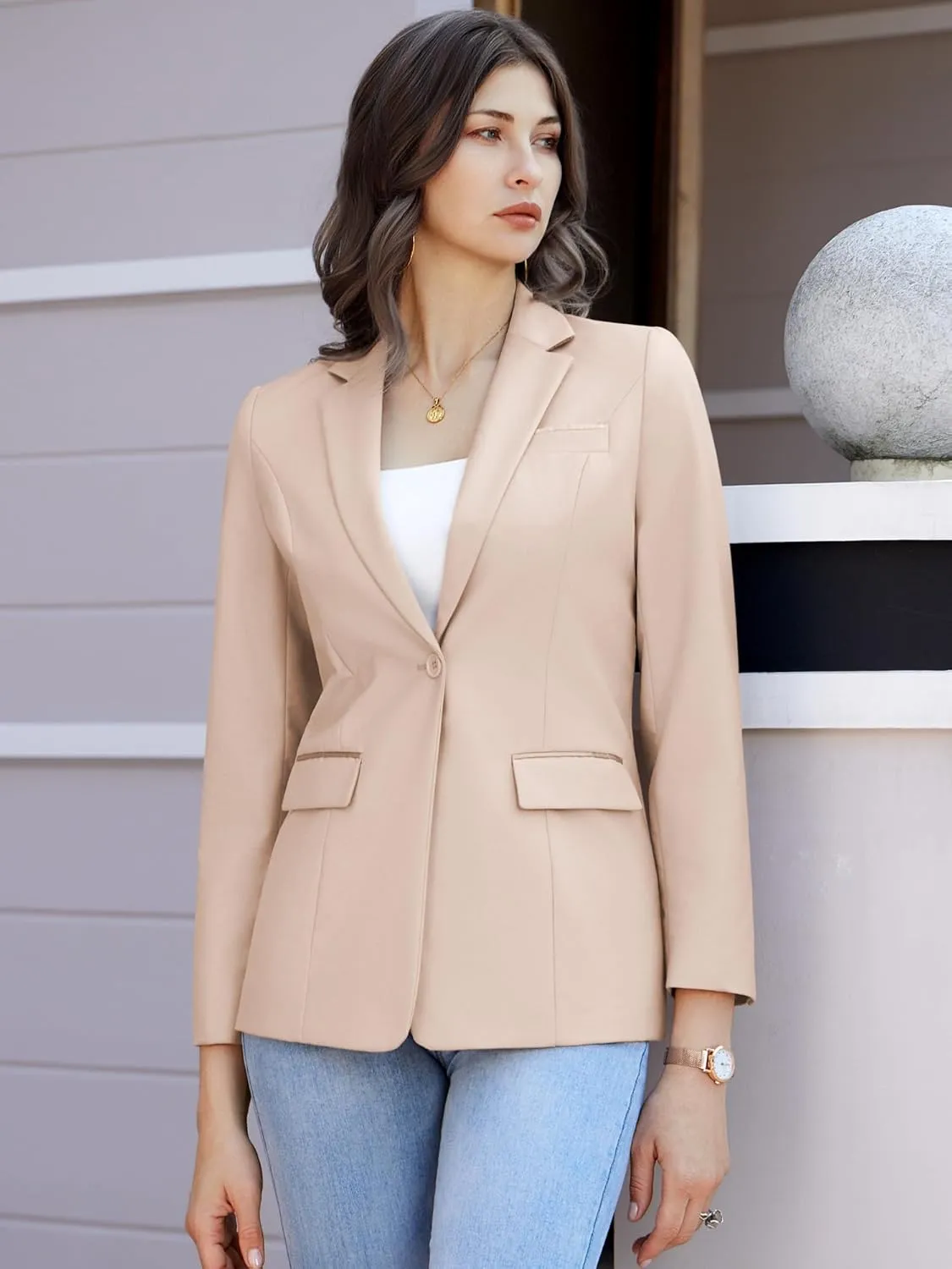 Women's Casual Business Blazer Notched Lapel One Button Open Front Long Sleeve Blazers Office Work Suit Jackets