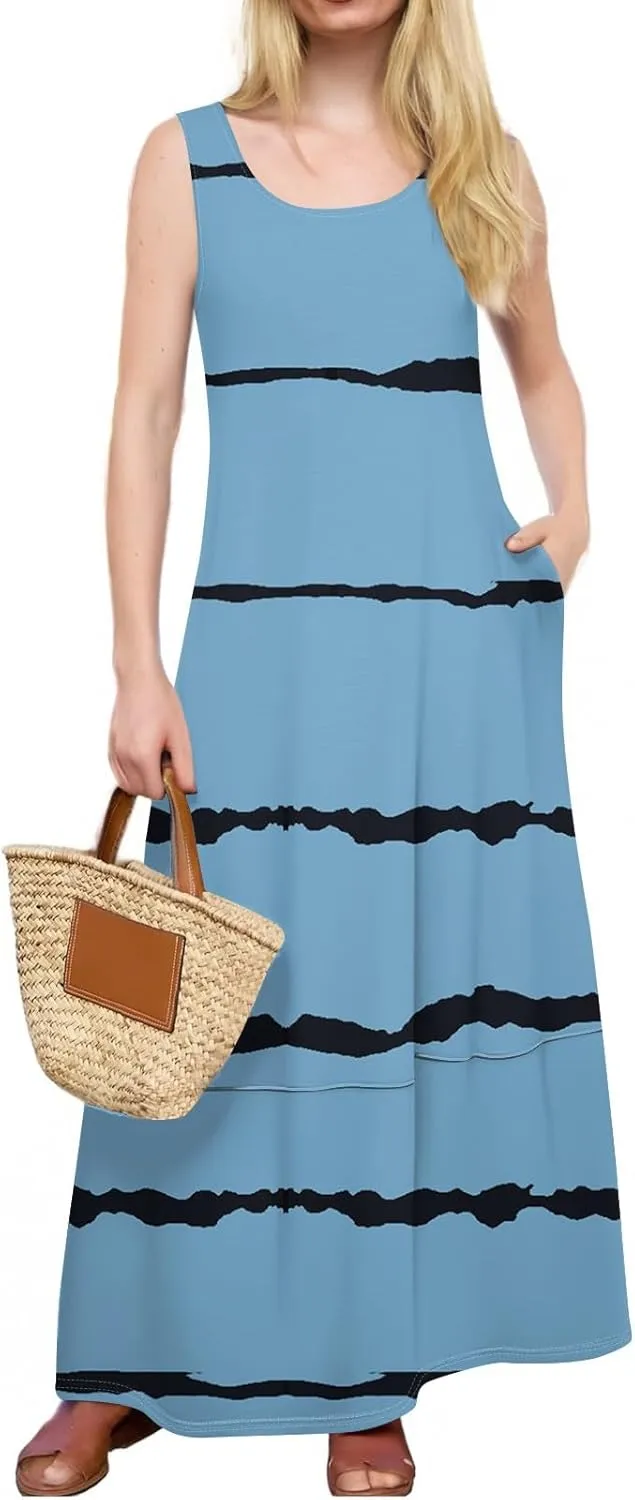 Women's Casual Maxi Sundress 2025 Summer Beach Dress Holiday Scoop Neck Sleeveless Loose Tank Dress with Pockets