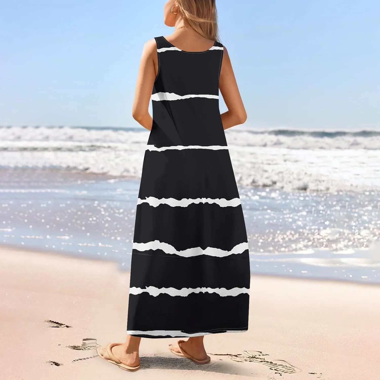 Women's Casual Maxi Sundress 2025 Summer Beach Dress Holiday Scoop Neck Sleeveless Loose Tank Dress with Pockets